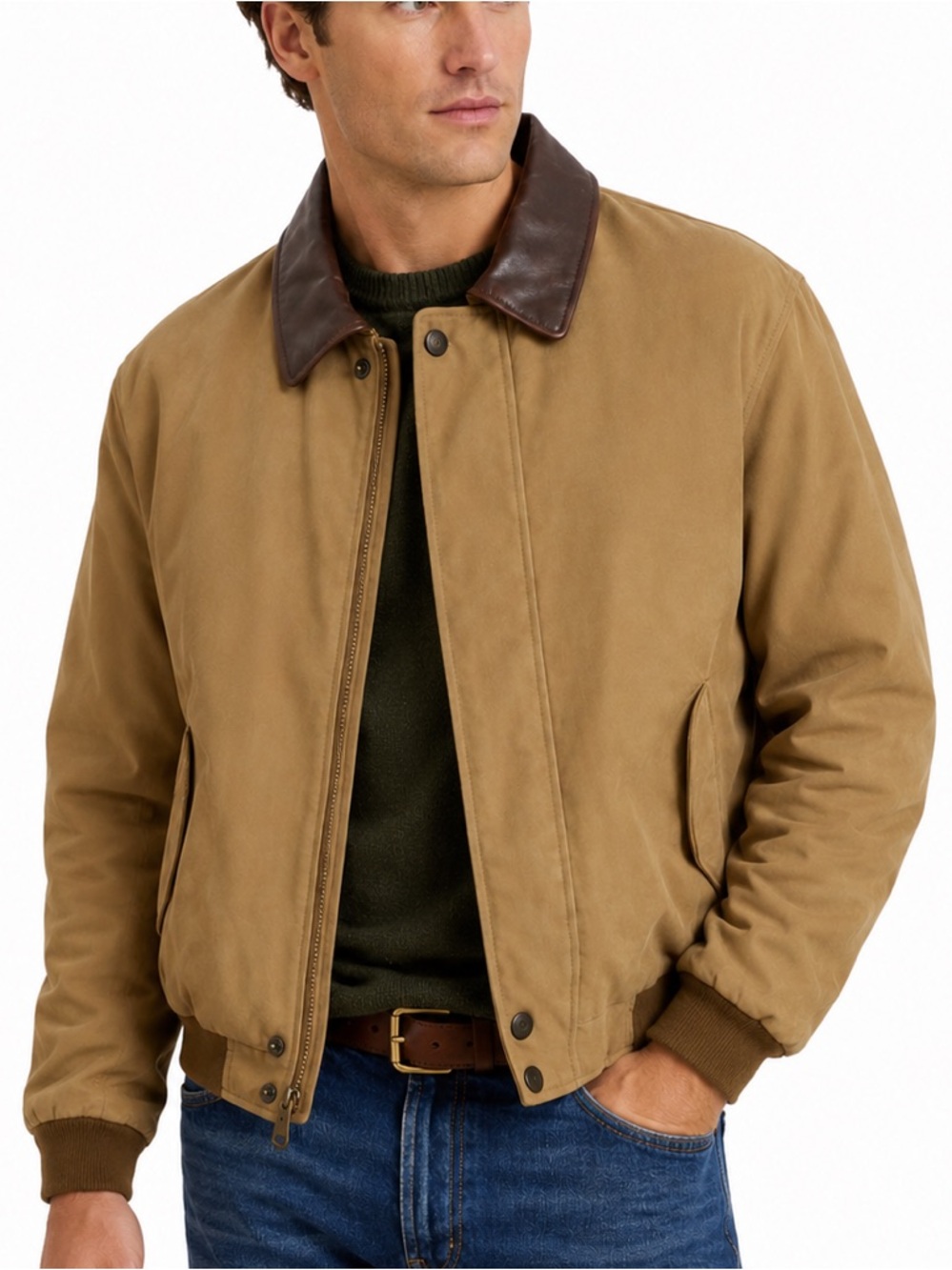 Eddie Bauer Bomber Jacket Khaki Harrington Leather Collar Zip Size Large